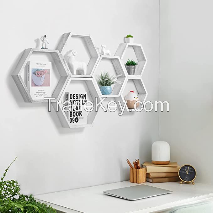 D'Topgrace White Color Hexagon Shelves Decorative Honeycomb Hanging Display Shelf