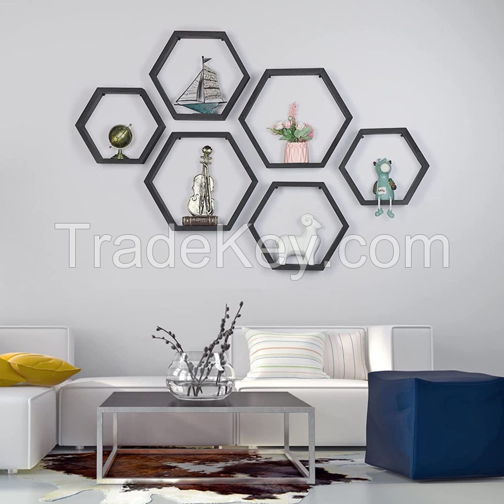 D'Topgrace Black Color Hexagon Shelves Decorative Honeycomb Hanging Display Shelf