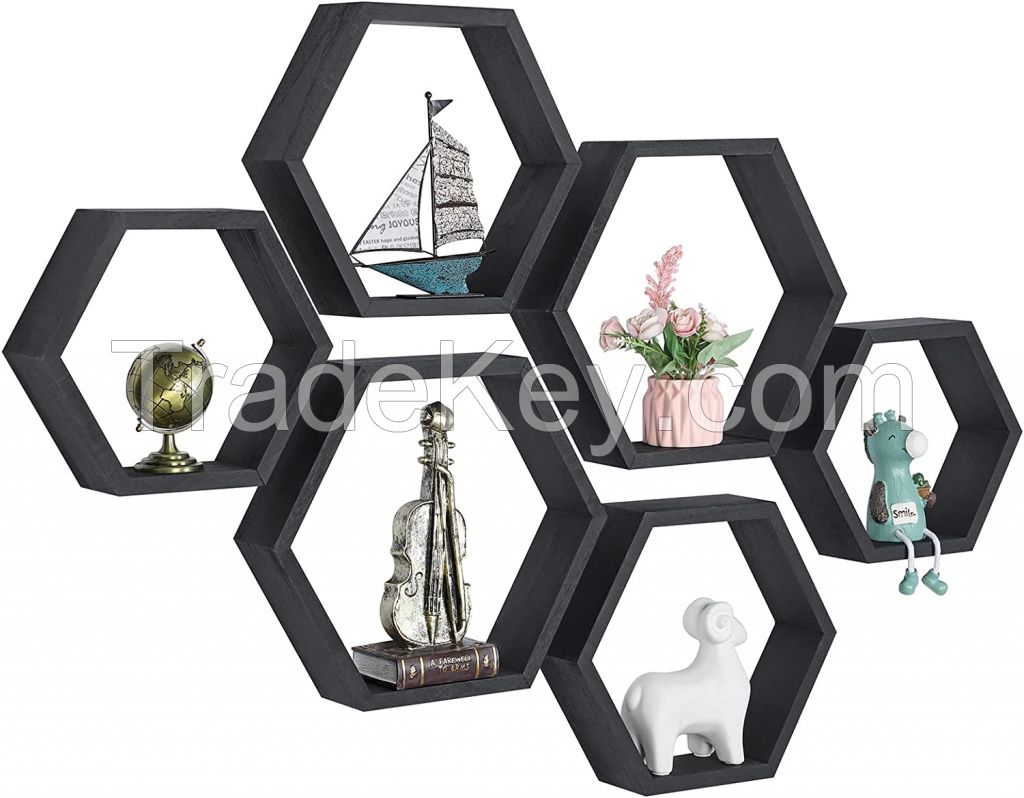 D'topgrace Black Color Hexagon Shelves Decorative Honeycomb Hanging Display Shelf