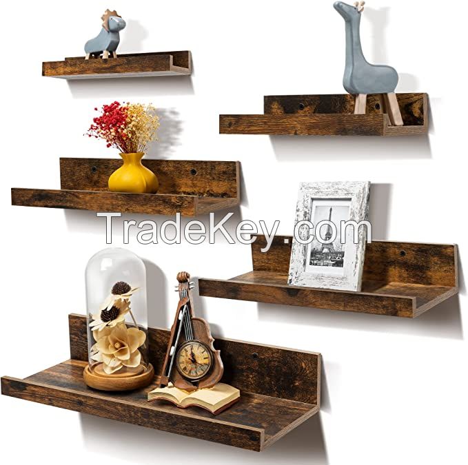 D'Topgrace Set of 3 Brown Color Wall Mounted Wood Shelves for Bedroom