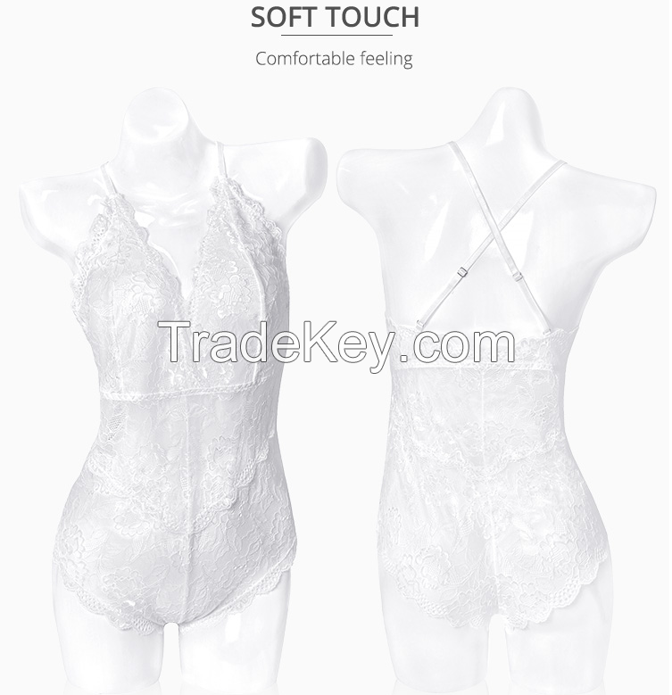 Sling Bodysuit V Neck Lace Snap Button Open Crotch Sexy Lingerie Women Transparent One-piece Underwear