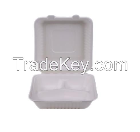 9&quot; 3 Compartment Clamshell 100% Compostable Take out Food Containers Heavy-Duty Quality to Go Containers, Natural Disposable Bagasse, Made of Sugar Cane Fibers