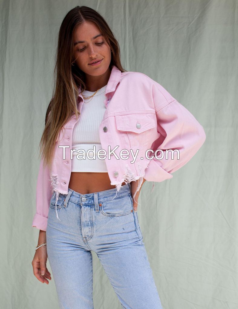 ladies fashion denim jacket short jacket losse fit jeans ripped jeans pink color