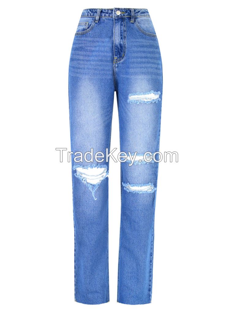 ladies denim pants high waist jeans for women losse fit straight leg jeans ripped jeans medium blue jeans