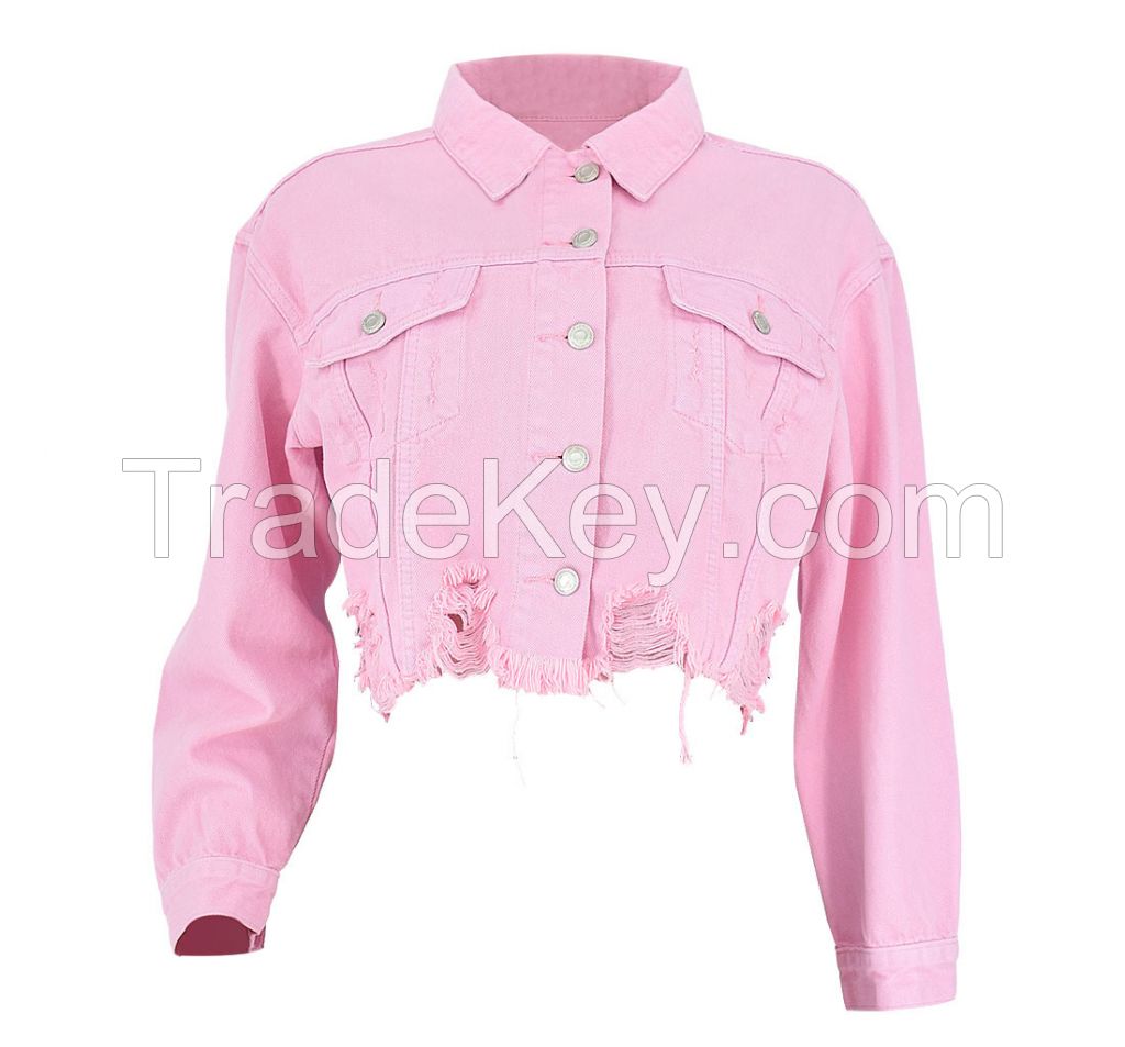 ladies fashion denim jacket short jacket losse fit jeans ripped jeans pink color
