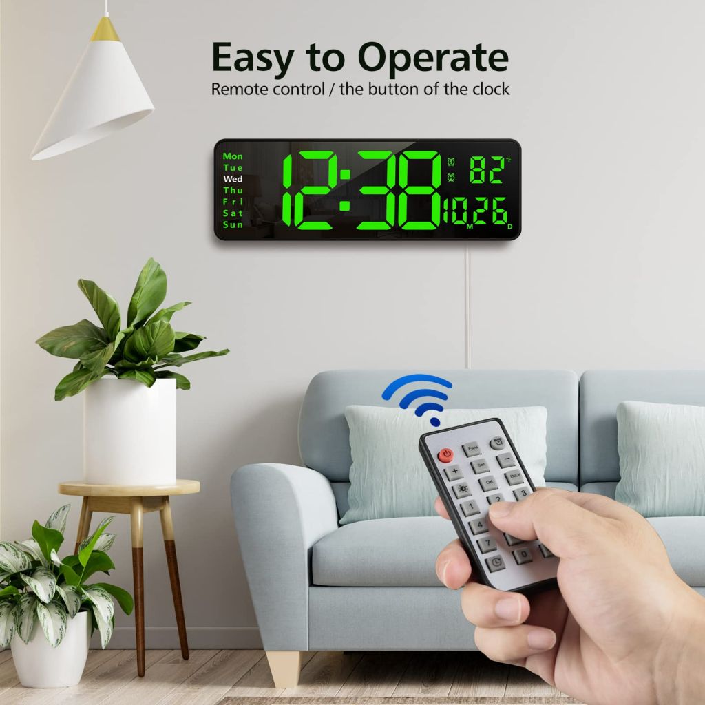 16" Large Digital Wall Clock with Remote, Large Display Digital Clock with Time Date Temp Week, 12/24H, Auto/Custom Brightness, Timer, Wall Mount for Living Room/Gym/Shop/Warehouse/Office Decor