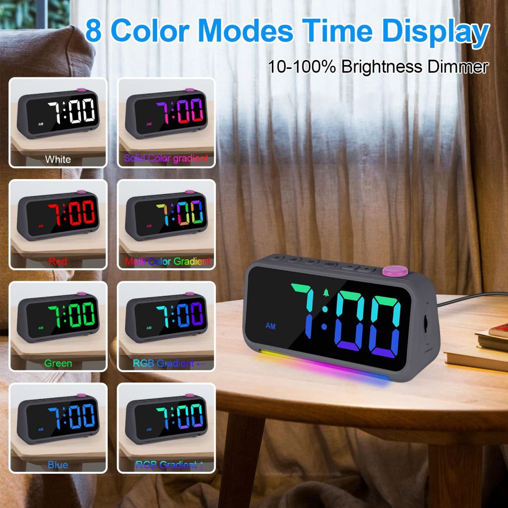 Digital Alarm Clock,LED Colorful Small Desk Clocks, with RGB Night Light,USB Charger Port,Adjustable Brightness/Volume, for Kids Boys Girls Teens Adult Bedroom Decor - Grey