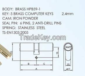 Euro Profile Brass Lock cylinder 5 Computer Keys