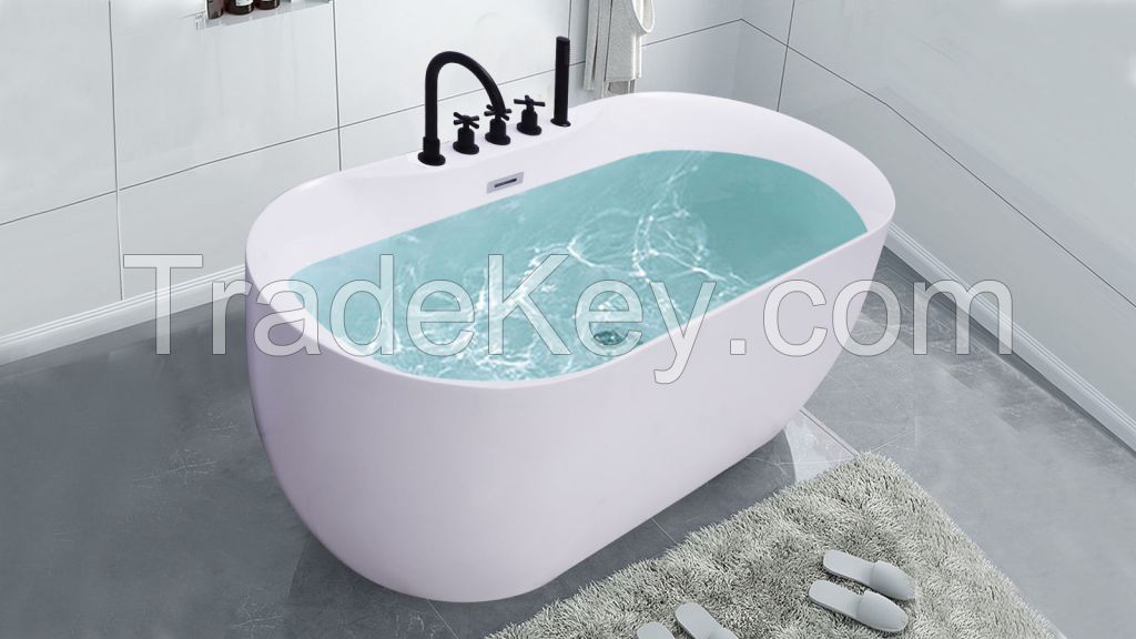 YAZHU 66.93&quot; Acrylic Freestanding Bathtub Contemporary Soaking White Tub with Chrome Overflow and Drain Model 8007-2