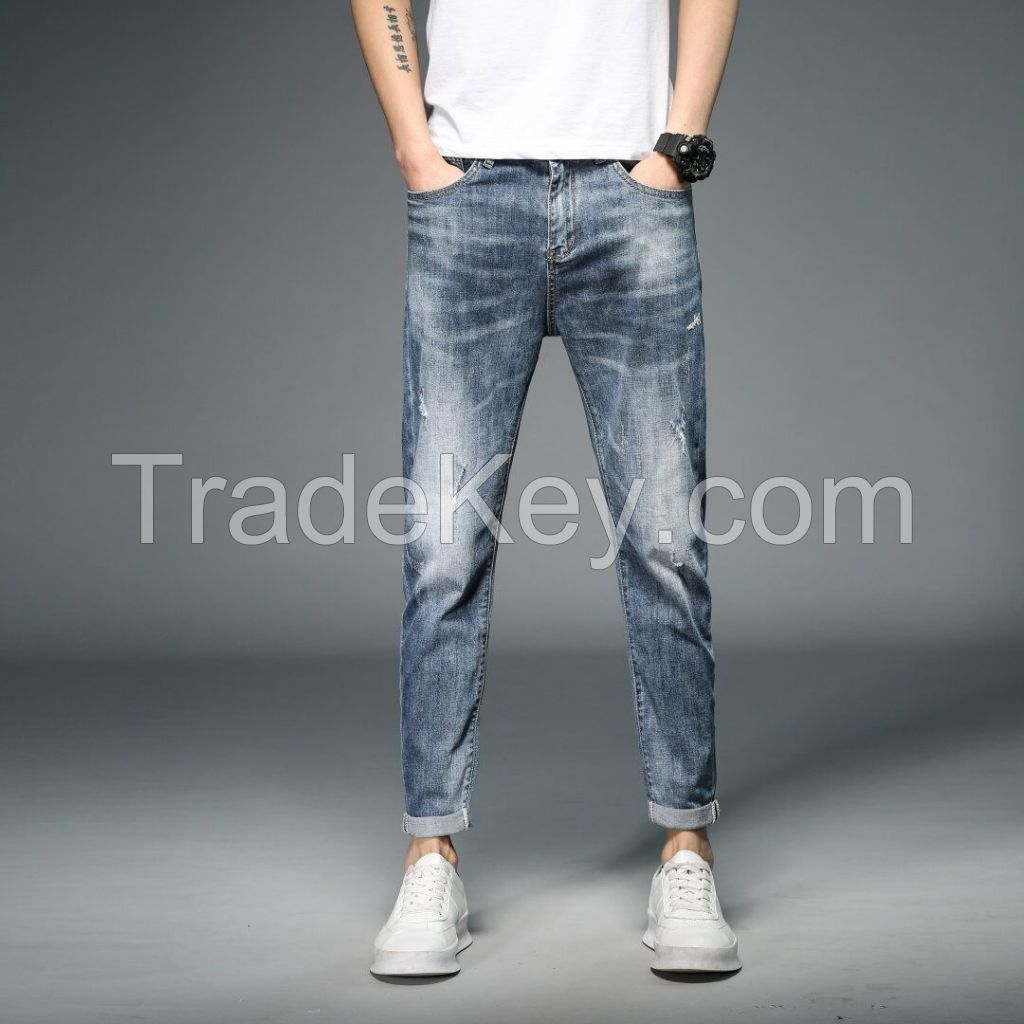 100% Cotton Men Loose Fit Jeans Blue Washed Classic Five Pocket Style Men Jeans