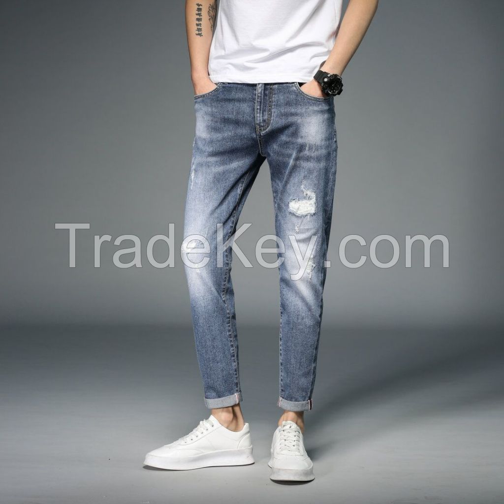 OEM custom high quality skinny fit embroidery denim jeans Low Price Slim Fit Ripped Jeans Men