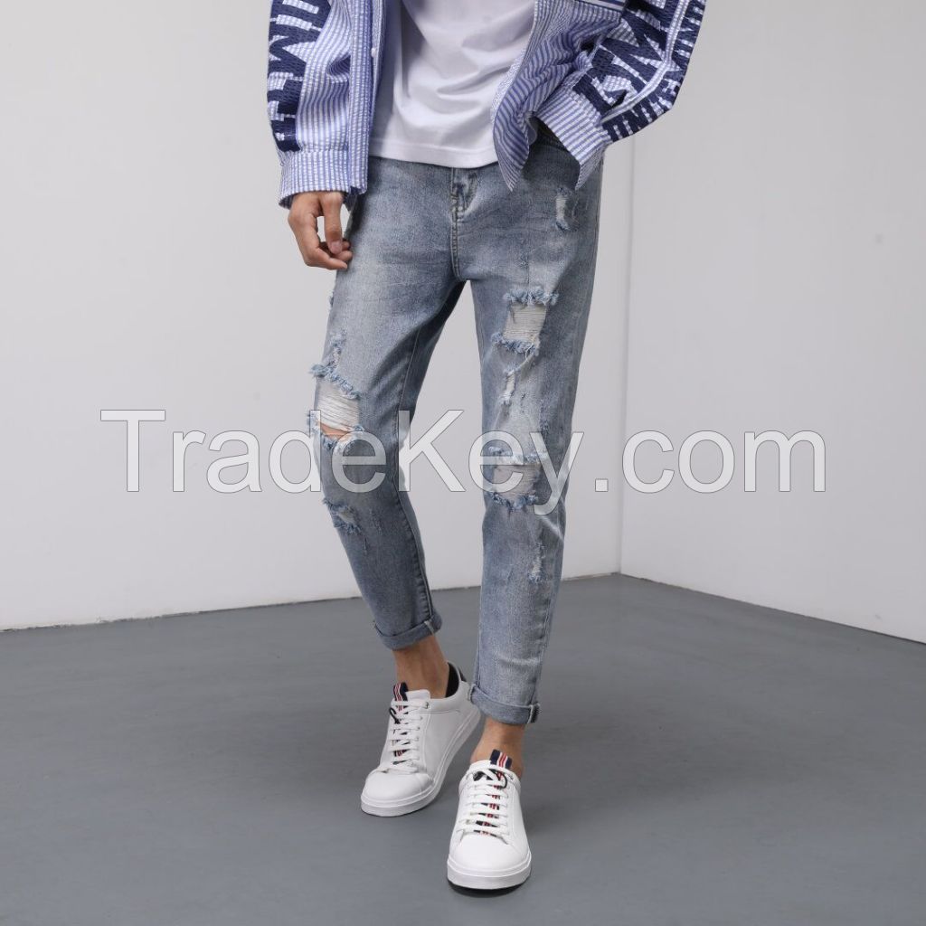 OEM custom high quality skinny fit embroidery denim jeans Low Price Slim Fit Ripped Jeans Men