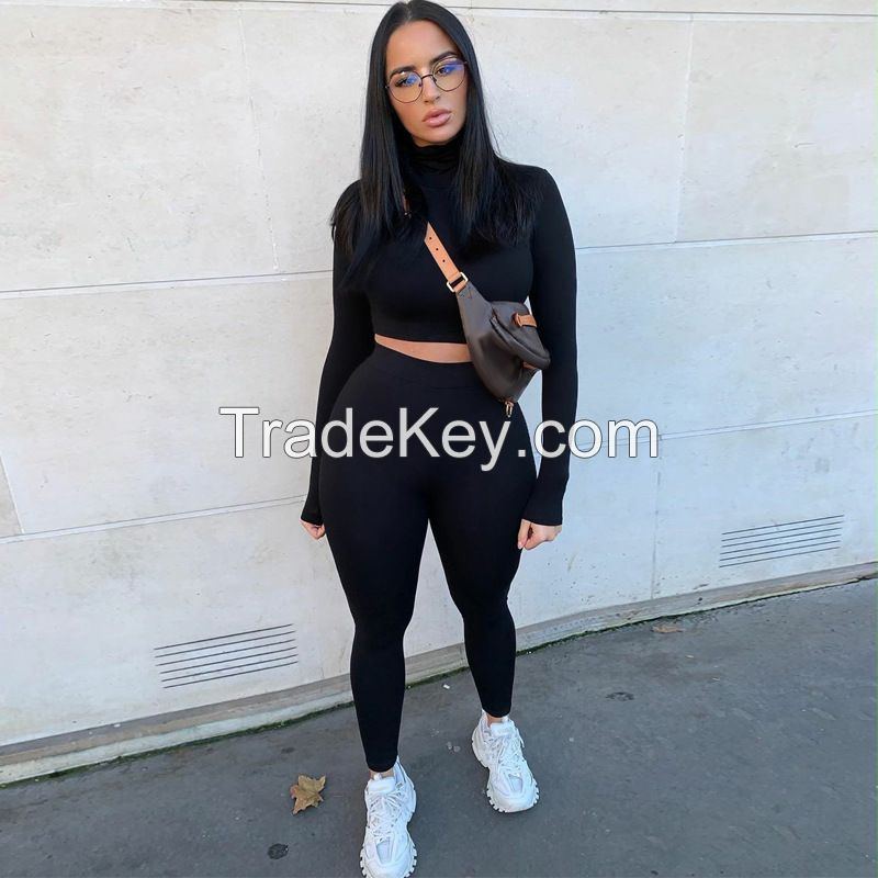Women's casual two-piece slim long sleeve sports suit fitness tracksuits high waist jogger set