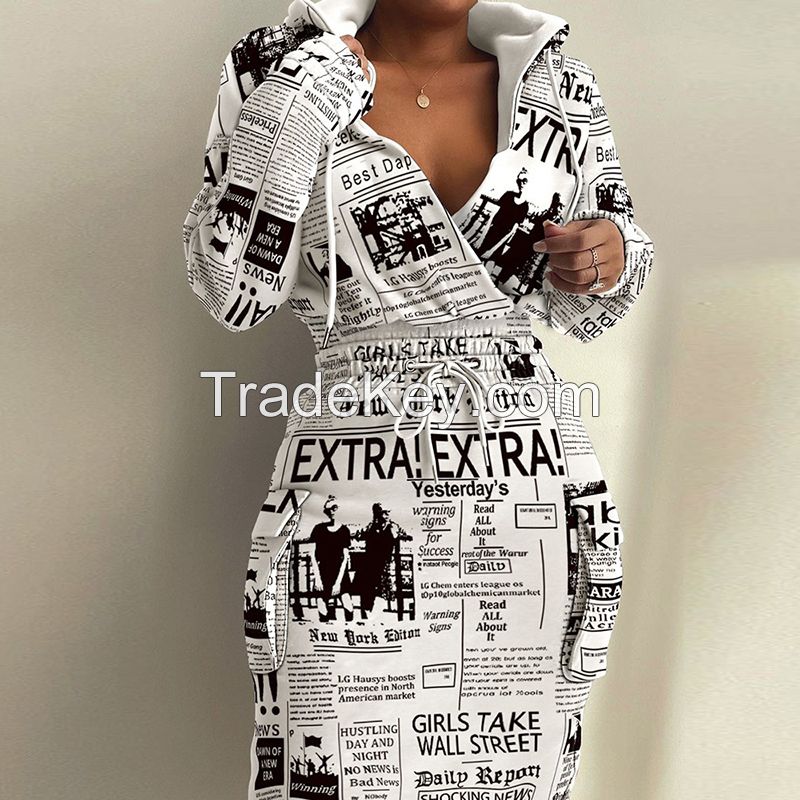 Ladies new drawstring waist hooded midi dress women can be customized printing