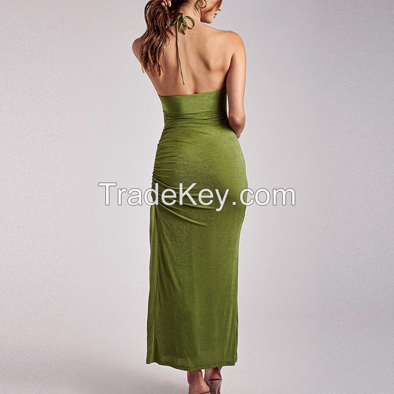 Summer Women Halter Strappy Long Backless Sexy Pleated Midi Ruched Emerald Green Dress