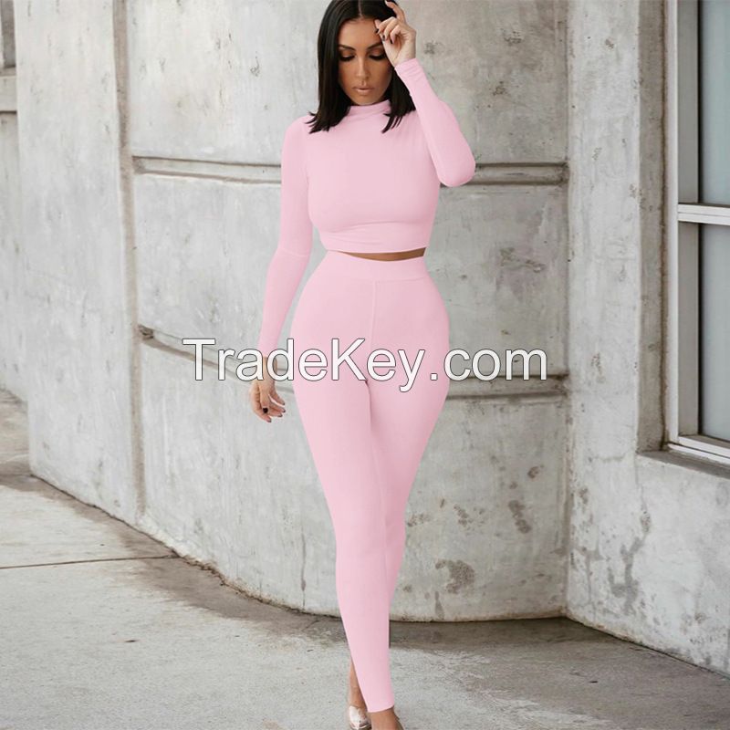 Women's casual two-piece slim long sleeve sports suit fitness tracksuits high waist jogger set
