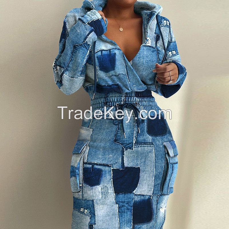 Ladies new drawstring waist hooded midi dress women can be customized printing