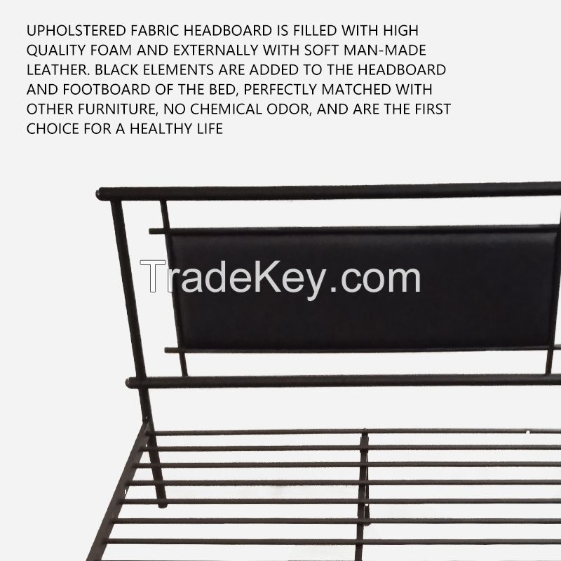 Metal Bed Frame Faux Leather Headboard and Footboard Platform Steel Slat Support No Box Spring Needed,Black