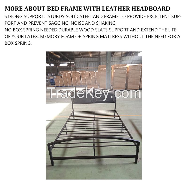 Metal Bed Frame Faux Leather Headboard and Footboard Platform Steel Slat Support No Box Spring Needed, Black