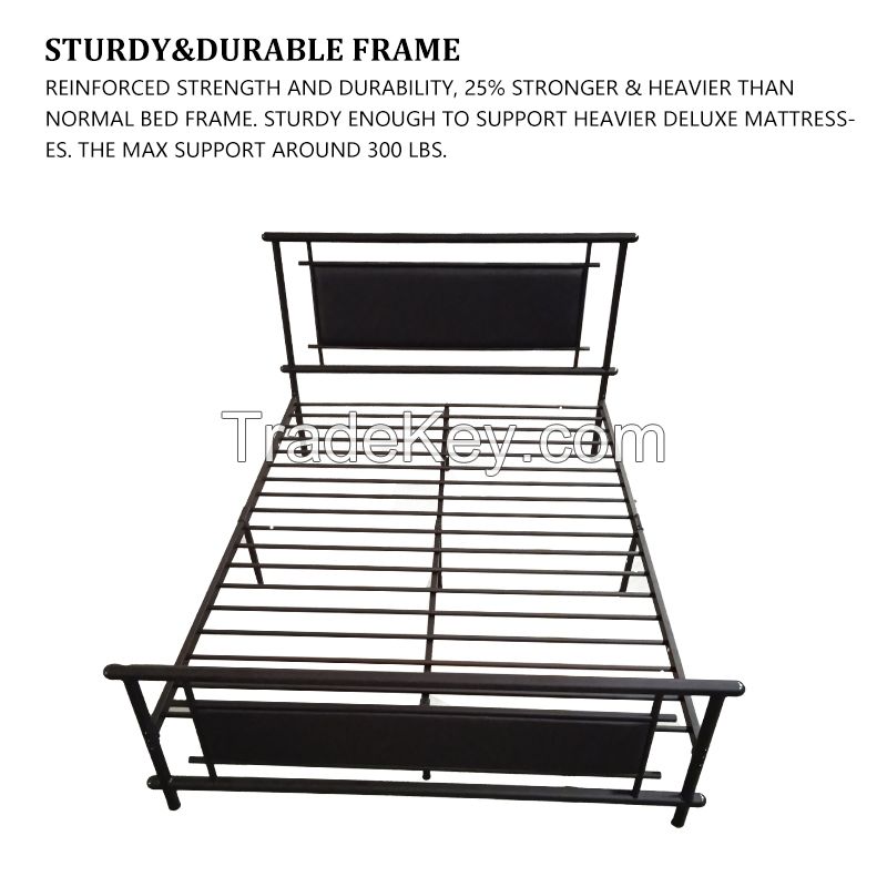 Metal Bed Frame Faux Leather Headboard and Footboard Platform Steel Slat Support No Box Spring Needed,Black