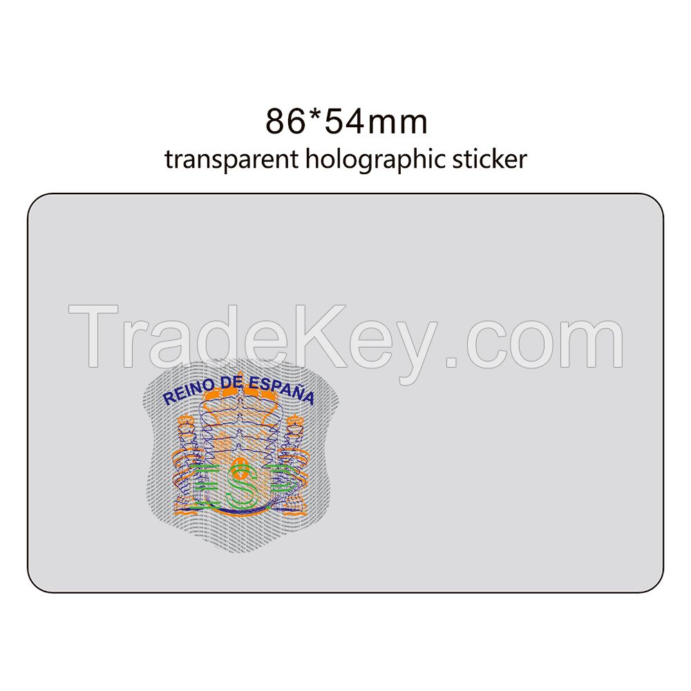 86*54mm Custom Transparent PET hologram holographic overlay sticker/ transparent laser hologram label