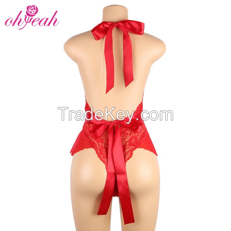 R80948 Red Lingerie-sexy Femm Plus Size Teddies Hollow Out Mesh Underwire Women Lace Sexy Lingerie Bodysuit