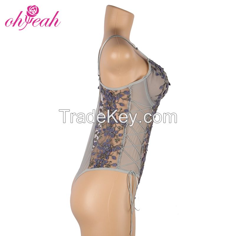 R81026 Available Custom Logo Embroidery Floral Transparent Wholesale Erotic High Quality Sexy Mature Women Plus Size Lingerie Bodysuits