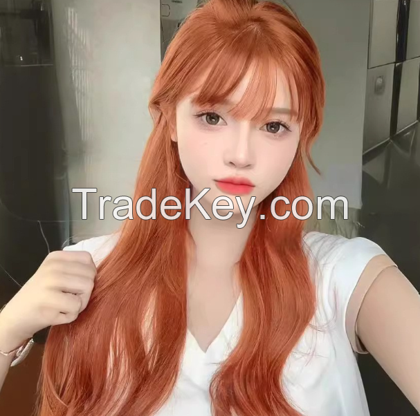 Long wig with bangs layered curly wig natural ginger synthetic wig suitable for daily use