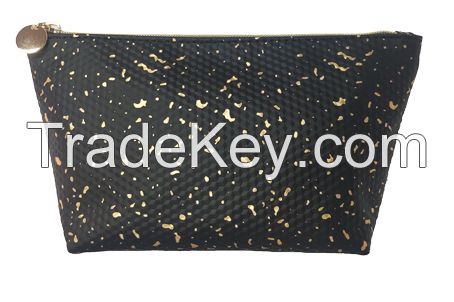 Ladies black with gold print PU cosmetic bag cosmetic pouch