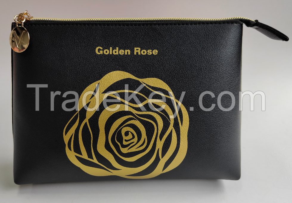 Ladies black with gold print PU cosmetic bag cosmetic pouch
