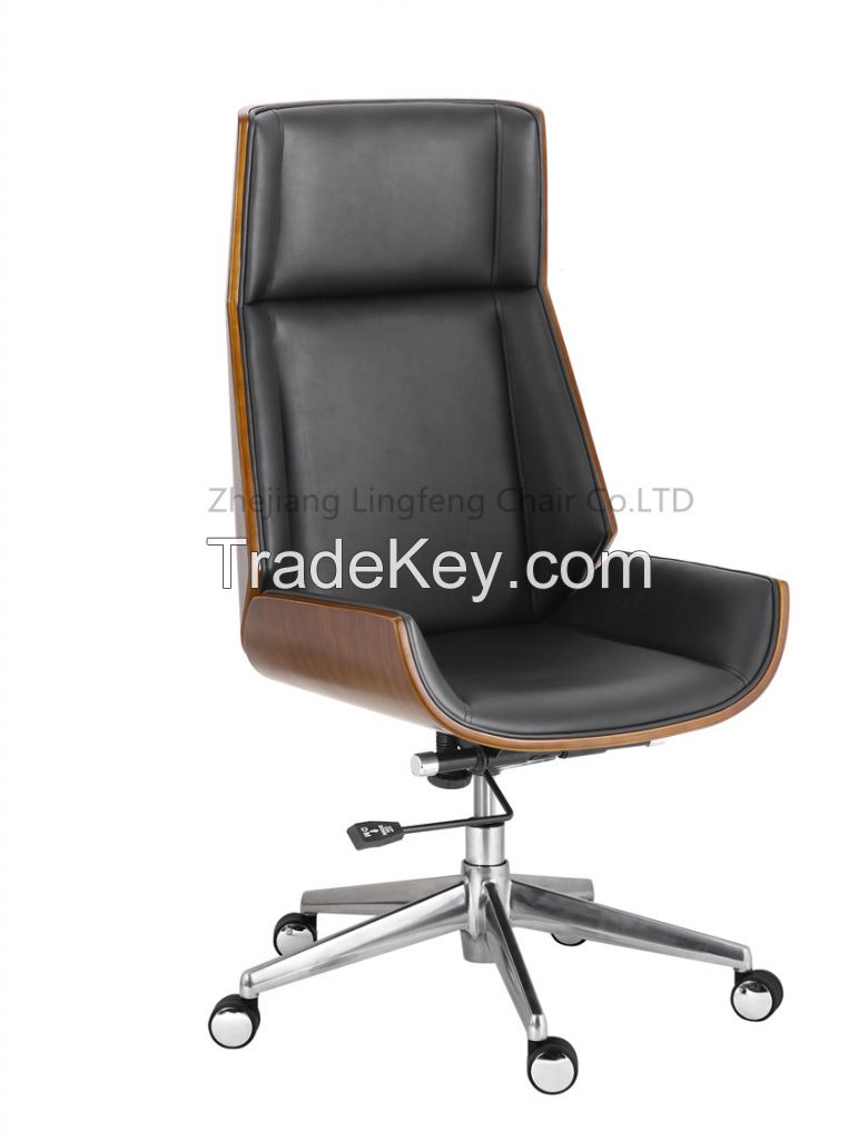 Luxury Bent Plywood Wooden Office Chair Office Executive PU Leather Boss Chair 