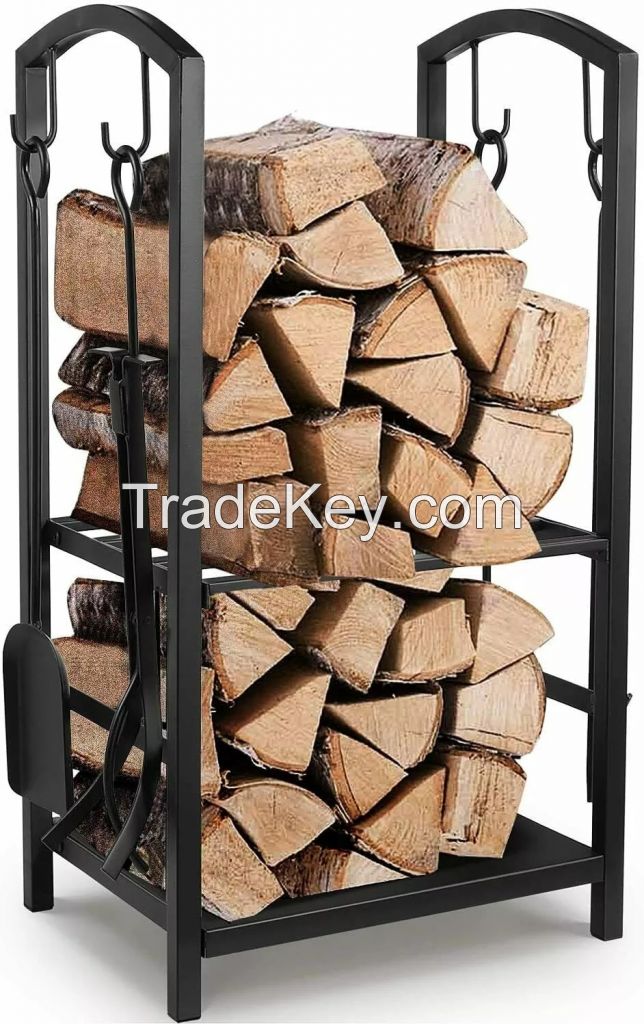 Unikito Firewood Rack Stand Indoor Wood Log Rack Fireplace Firewood Holder Storage with Kindling Rack, Heavy Duty Logs Holder for Outdoor Patio Deck, Wood Pile Storage Stacker Organizer, Matte Blac