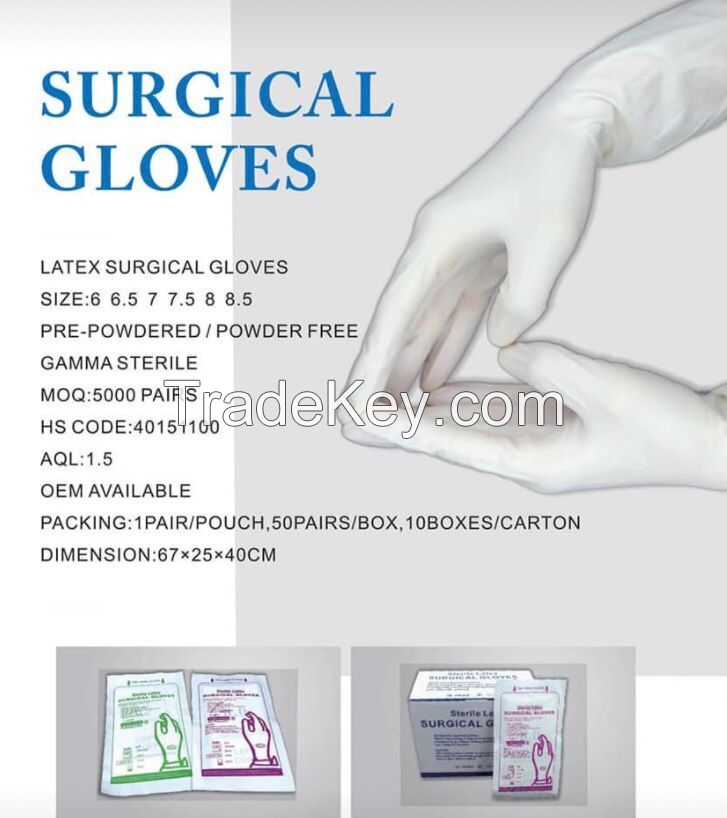 surgical sterile  powered/ power-free latex  gloves   medical rubber latex   gloves