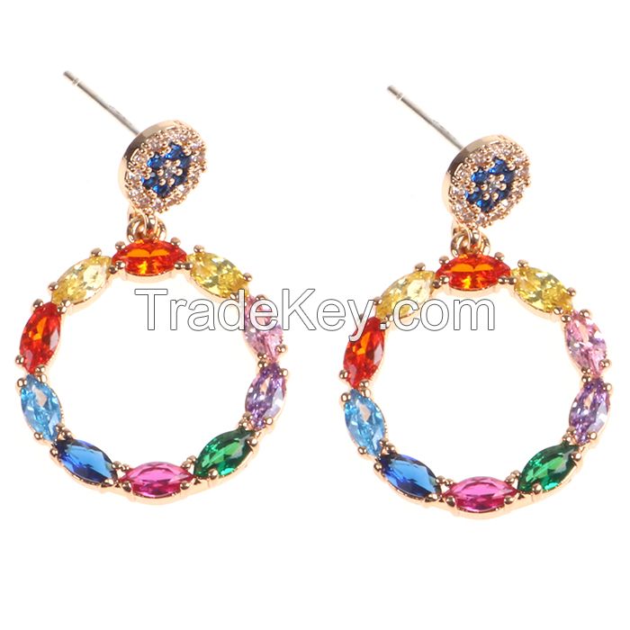 Multi Color Cubic Zirconia Delicate Dangle Circle Simple Earring Real Rose Gold Plated Fashion Jewelry For Girl/ Women Gift