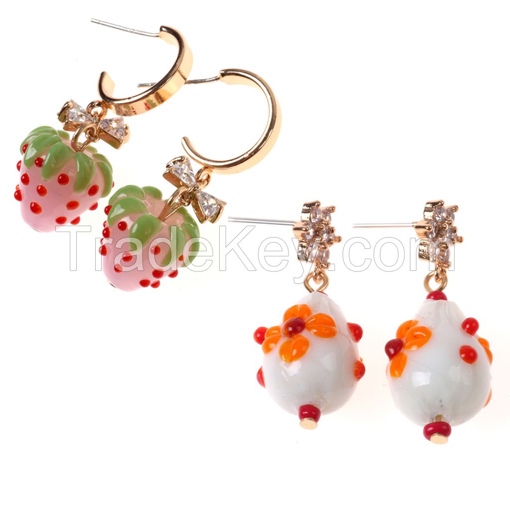 Cute Bow Cubic Zirconia Stereoscopic Strawberry Dangle Hoop Earring Country Style Jewelry