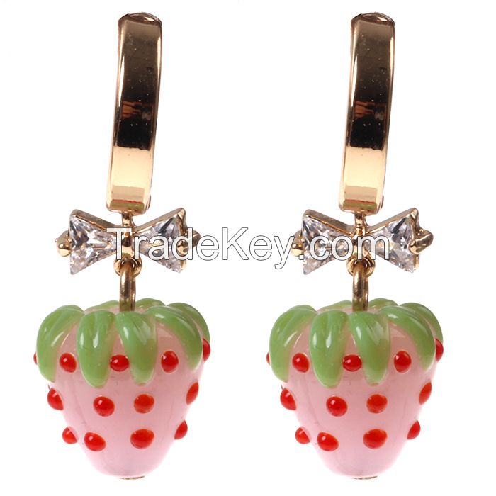 Cute Bow Cubic Zirconia Stereoscopic Strawberry Dangle Hoop Earring Country Style Jewelry