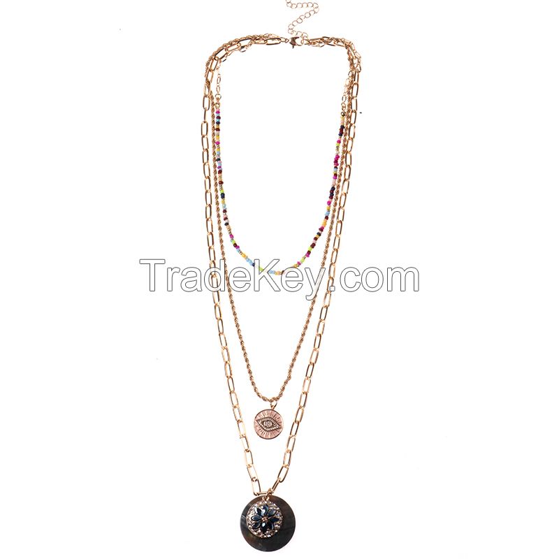 Secret Eye Natural Shell Stone Cluster Element Layer Chain Necklace With Multi Seed Bead Jewelry For Woman