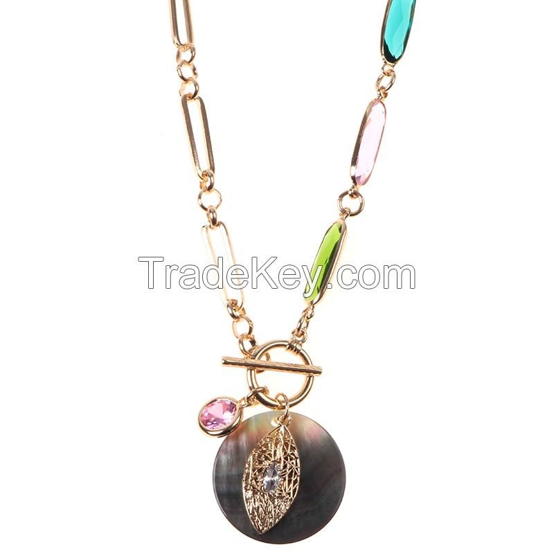Classic T/O Bar With Multi Color Bead And Rose/ Clear Cubic Necklace Jewelry For Woman