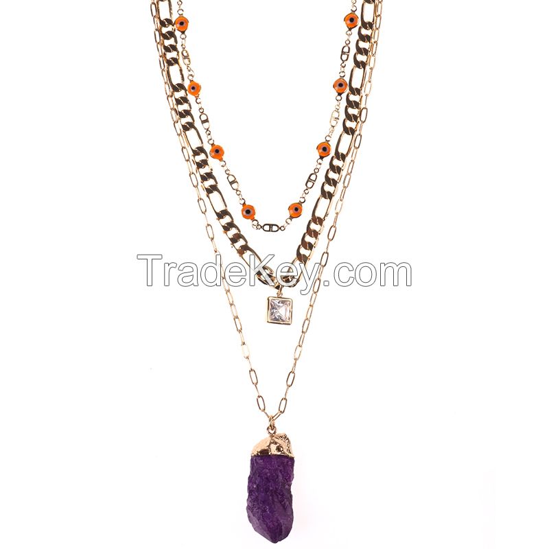 Luxurious Classic Layer Chain Necklace Hand Made Chain And Huge Purple Natural Stone Pendant Necklace Jewelry