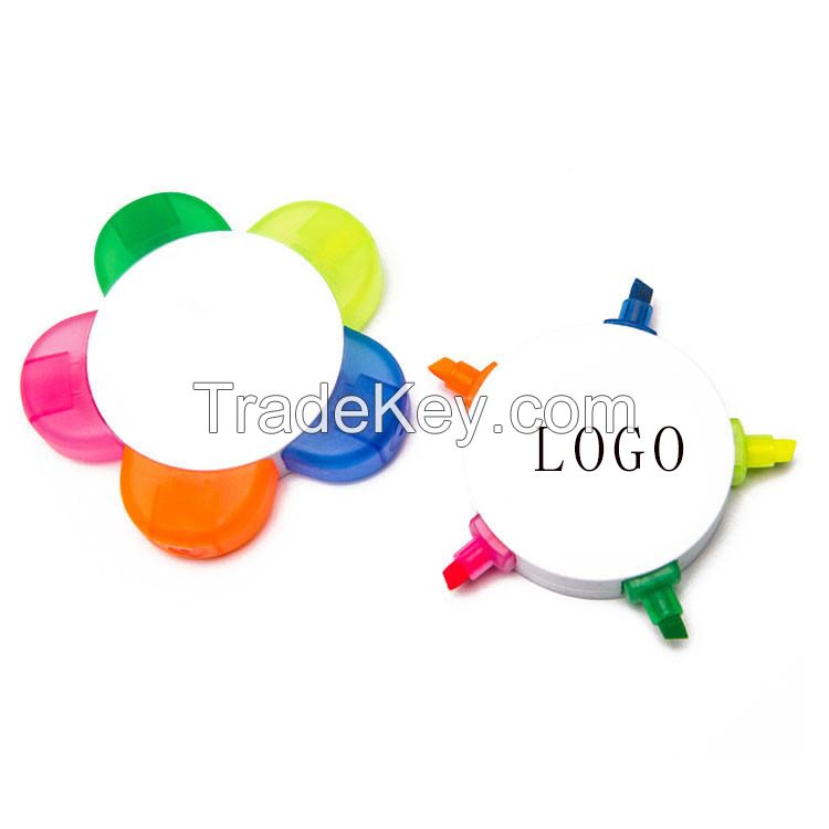 Custom Logo Plastic Multicolor 5 in 1 Flower Shape Highlighter Marker
