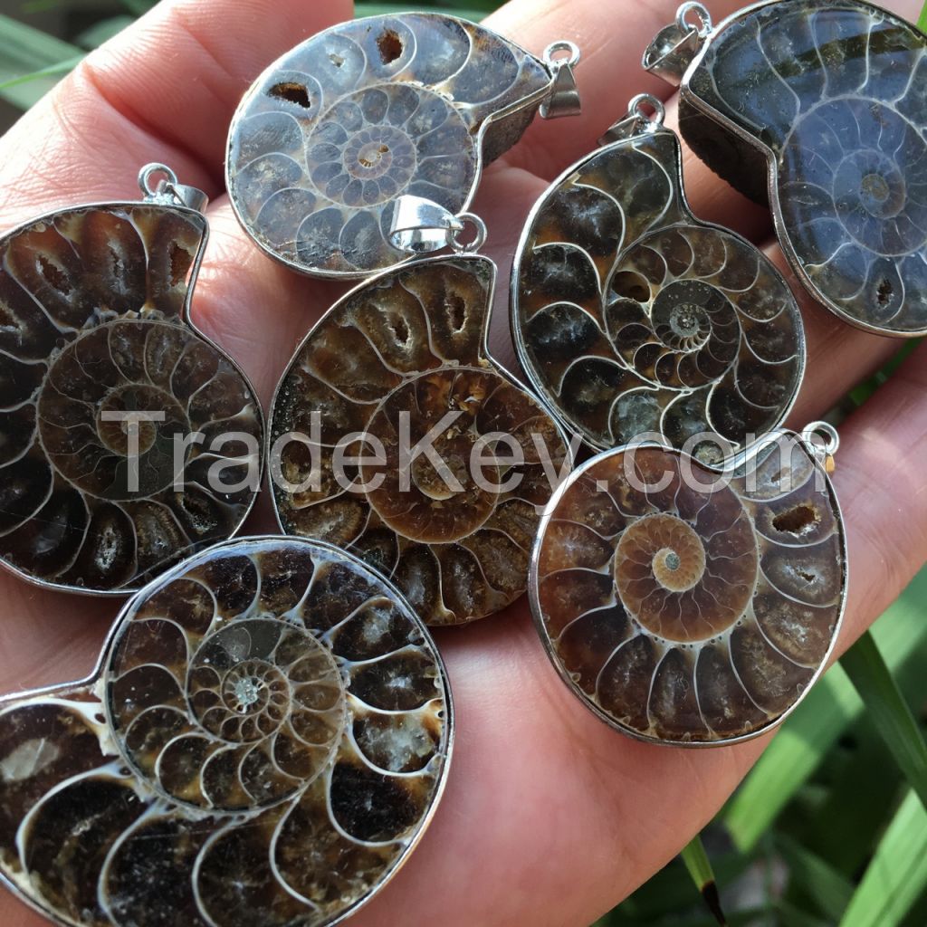 Natural  ammonite fossil with druzy  pendants