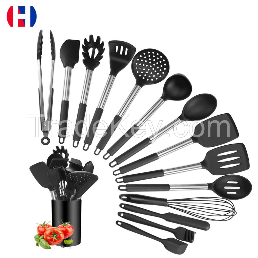 Silicone Cooking Utensil Sets, 15 pcs Kitchen Utensils Set, Non-stick Heat Resistant Silicone Cookware with Stainless Steel Handle