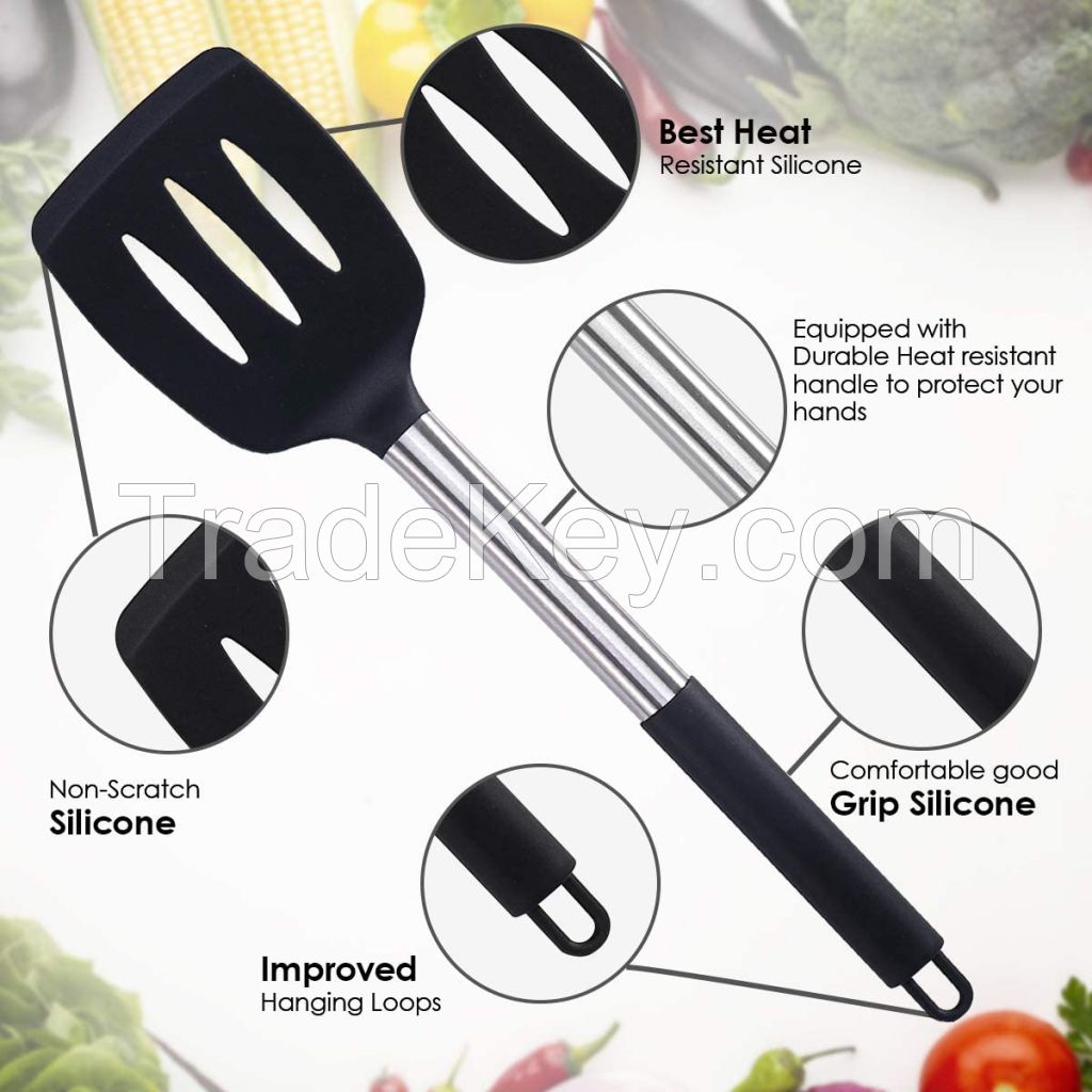 Silicone Cooking Utensil Sets, 15 pcs Kitchen Utensils Set, Non-stick Heat Resistant Silicone Cookware with Stainless Steel Handle