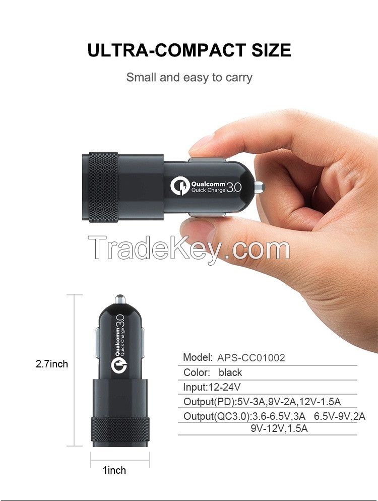 Type C car charger PD3.0 Car Charger 2 ports Quick charger 30W Car charger mobile phone charger