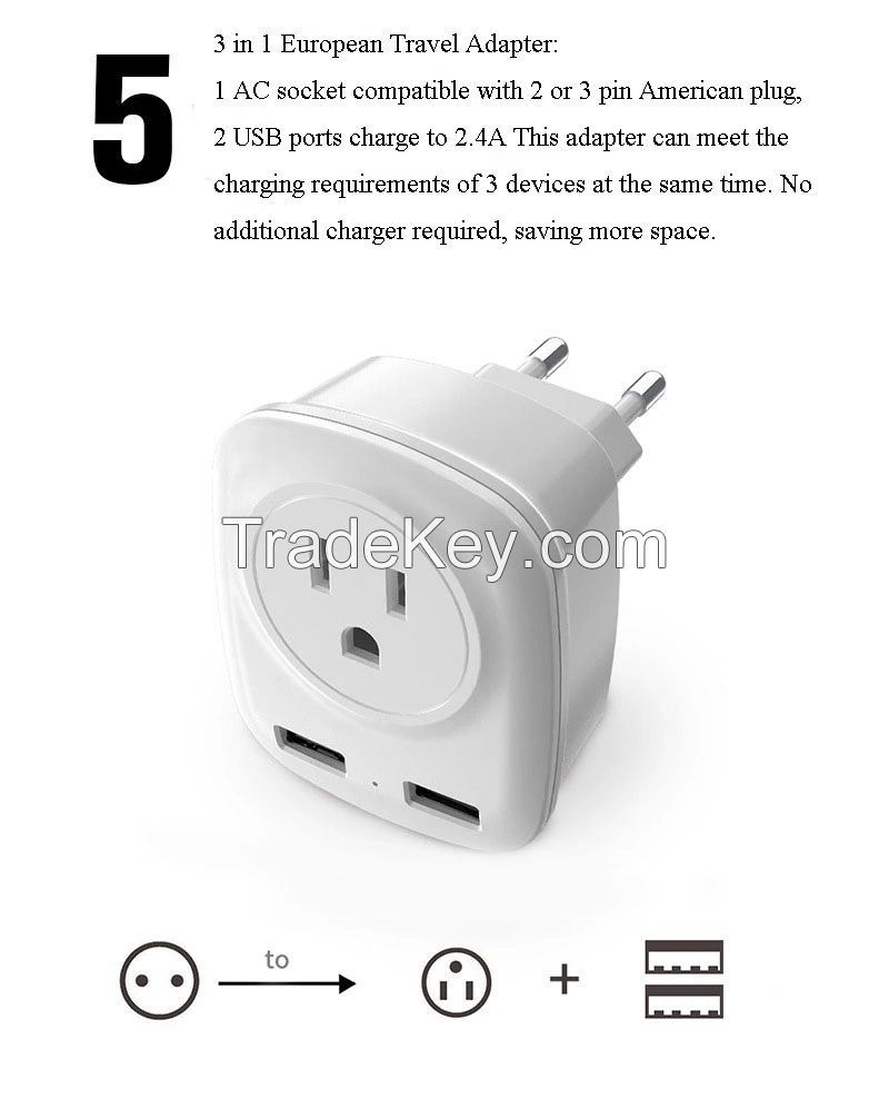 EU TO US Adapter Fast Charger Charger Quick Charge 3.0 Adapter USB Wall Charger  Home AC Charger 3 in 1 travel adapter Mobile phone charger