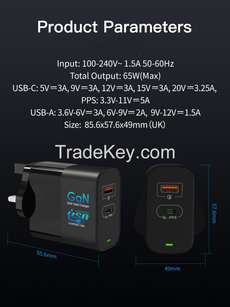 New Technlogy 65W Gan Charger USB C wall charger PD fast charger with Quick Charge3.0 PD 3.0 USB Charger UK Adapter for laptop