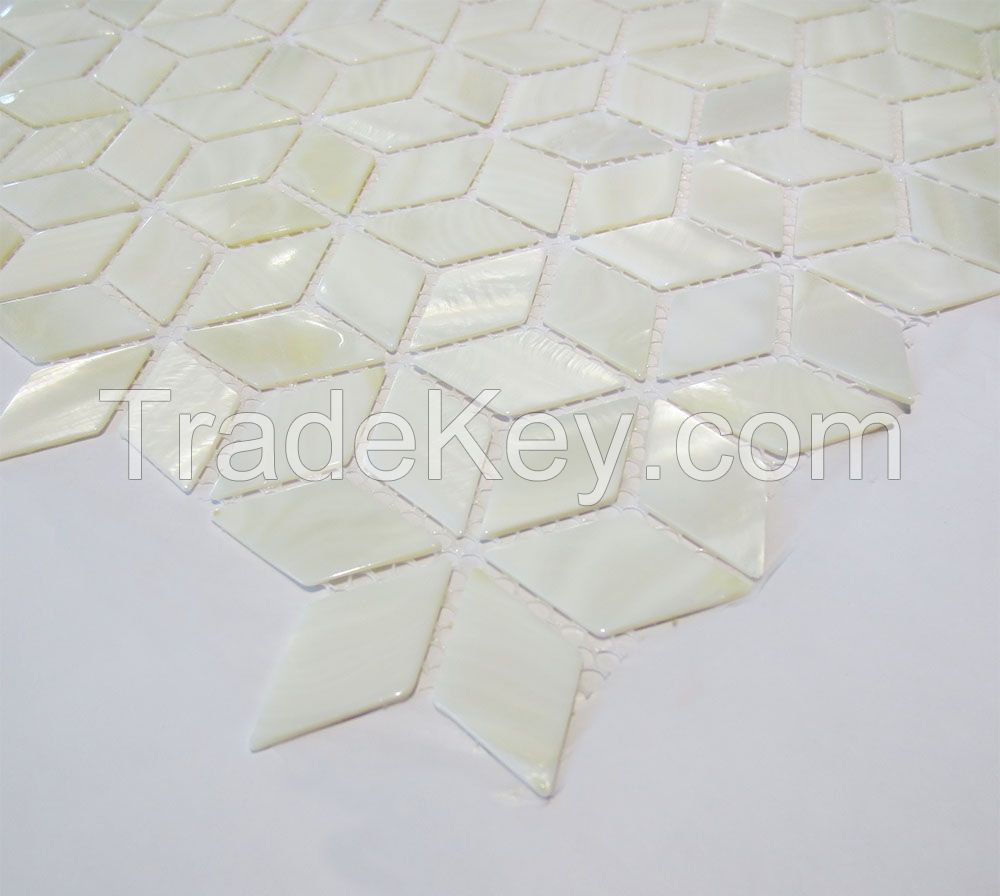 Rhombus full white mother of pearl mosaic on mesh for wall decoration