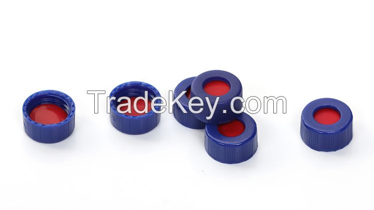 Blue open-topped polypropylene cap and white PTFE/red Silicone septa