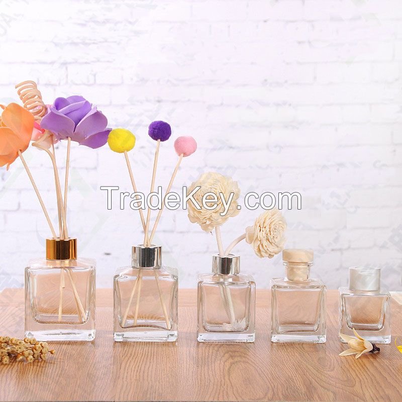 wholesale 100ml square aroma glass bottle reed glass bottle with silver lid