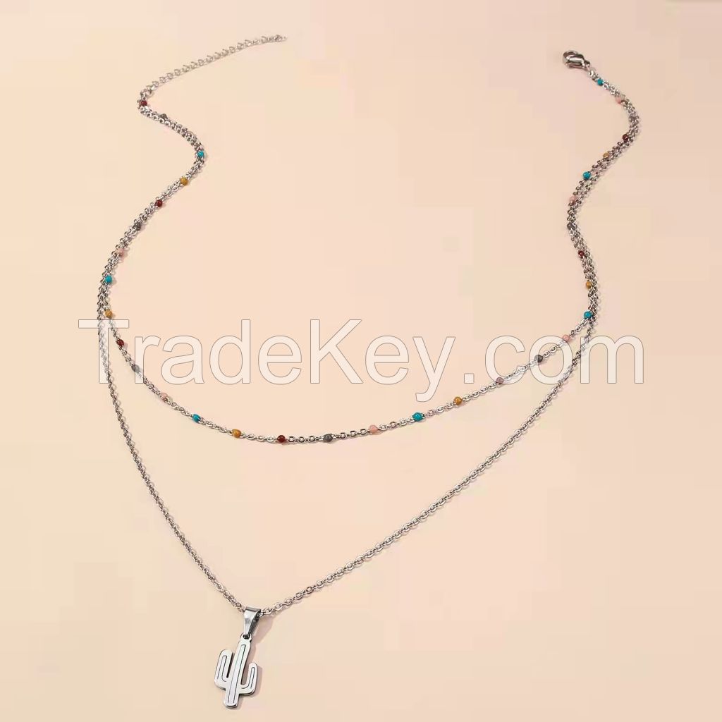 2021 creative cactus pendant double-layer stainless steel oil dripping chain design clavicle Necklace